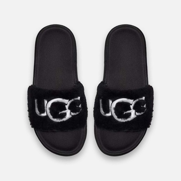 UGG Shoes - UGG Logo Black Laton Fur Slide